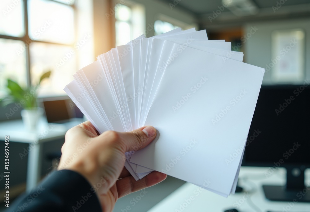 Poster a hand holding multiple blank sheets of paper in an office setting