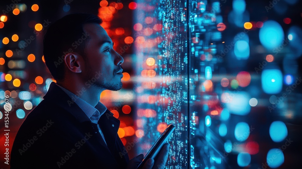 Aufkleber man with looking at illuminated screen with blue and red lights in the background