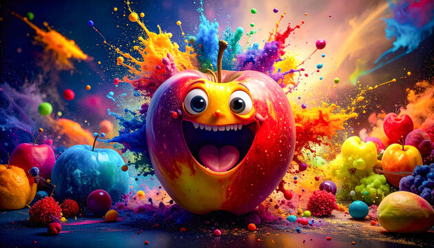 Lustige, farbenfrohe Cartoon-Apfel-Explosion mit Fr&uuml;chten