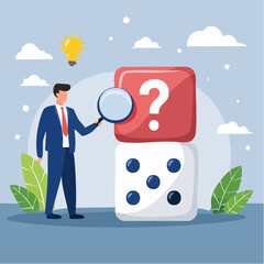 Random or chance to win, gamble, risk management or analyze opportunity, prediction or forecast future, unknown or uncertain concept, businessman with magnifying glass analyze dice with question mar
