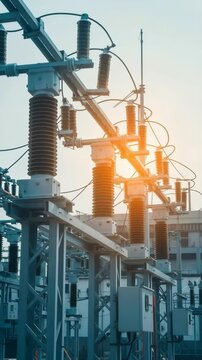 Close up of high voltage switchyard with insulators under blue sky, depicting electricity generation and power transmission. Electrical energy footage.