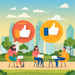 Social feedback, opinion or business advice, employee discussion, debate or customer comment, social media positive and negative feedback, people giving opinion with thumb up, thumb down feedbac