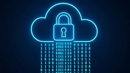 A stunning digital representation of a secure cloud storage concept, featuring a padlock symbol overlaid on a blue cloud with cascading binary code, emphasizing data security and t - Powered by Adobe