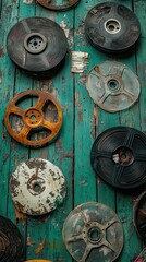 Fototapeta premium A collection of old film reels displayed on a weathered green wooden surface creating a vintage look