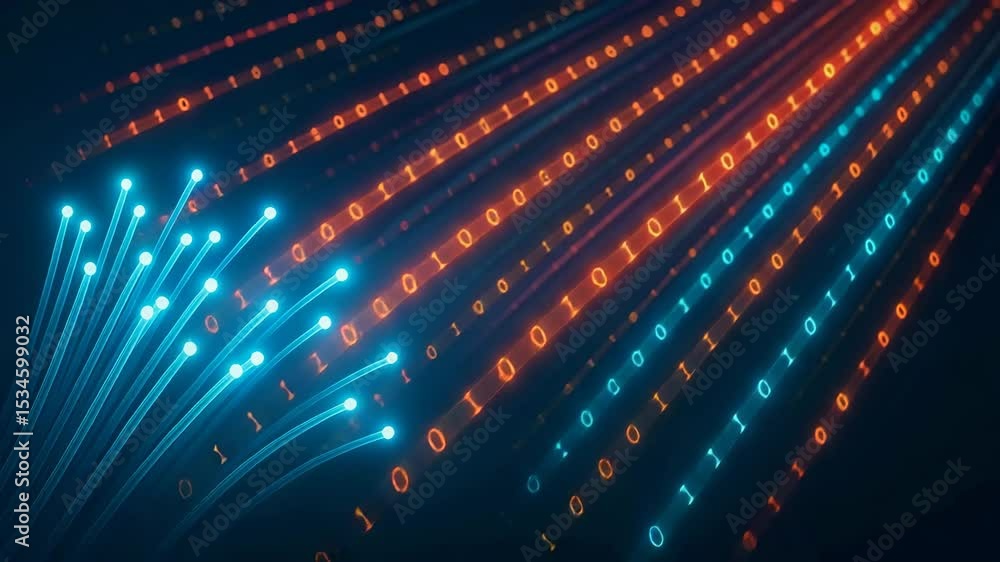 Poster a striking visual representation of data flow in the digital realm, featuring vibrant blue and orang