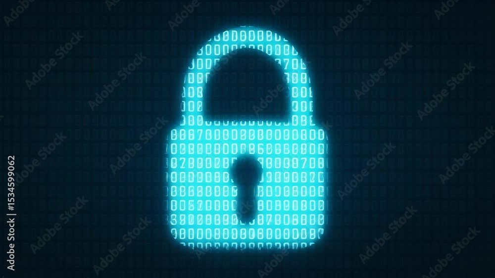 Poster a digital illustration of a blue padlock on a black background, composed of binary code. it symboliz