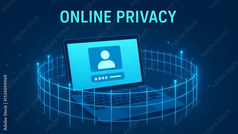Poster a modern representation of online privacy showcasing a laptop with a user icon and password input, s