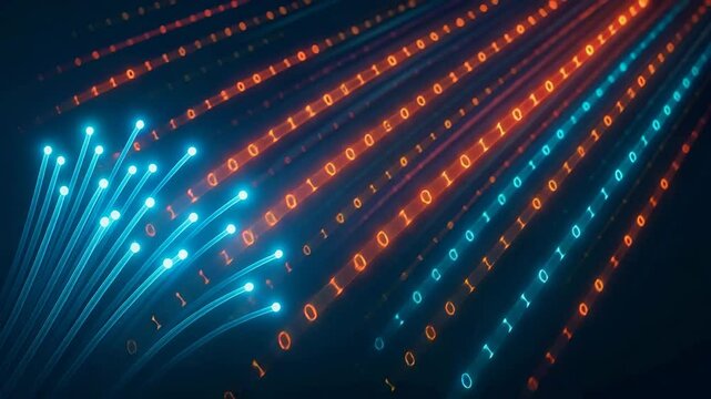 A striking visual representation of data flow in the digital realm, featuring vibrant blue and orange binary codes against a dark backdrop, symbolizing innovation and progress.