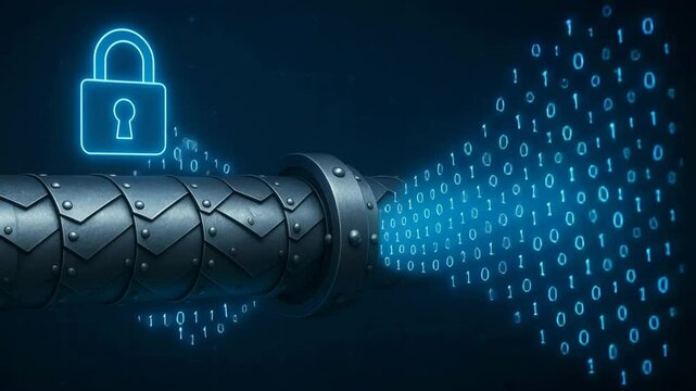 A digital representation of secure data transmission, featuring a padlock symbol, binary code flowing from a pipe, illustrating cybersecurity and data protection concepts.