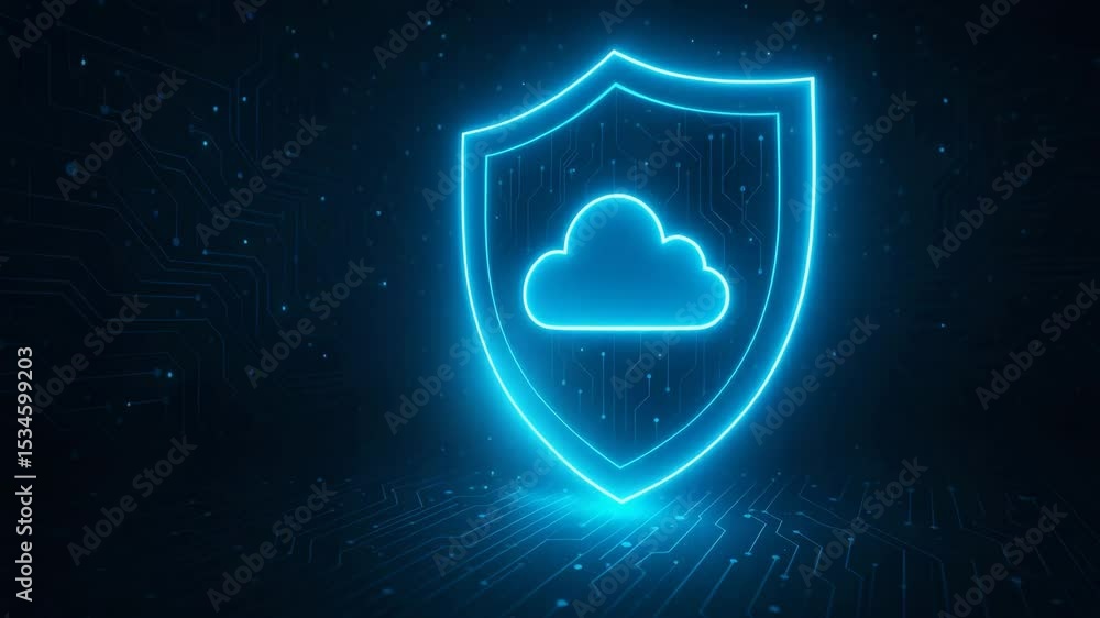 Poster a futuristic blue neon shield symbolizing cloud security. the background features intricate circuit 