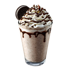Delicious creamy oreo cookie milkshake decorated with whipped cream chocolate drizzle and crushed cookies in a glass isolated on white transparent