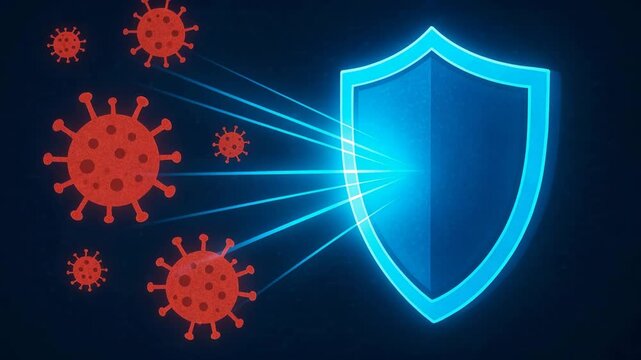 Digital illustration of a shield protecting against virus particles, symbolizing health, safety, and immunity