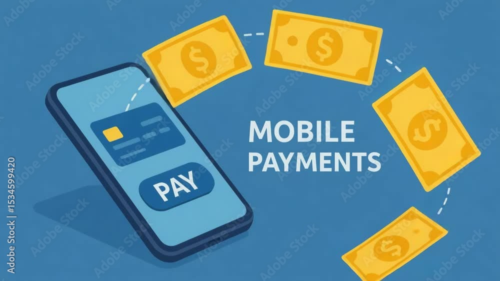 Poster a modern mobile payment concept with a smartphone displaying a payment screen and dollar bills float
