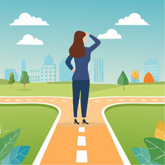 Decision choice, confusion, doubt for opportunity, challenge to choose career path, way to success or tough decision, way to solve problem concept, confused businesswoman make decision choosing pat