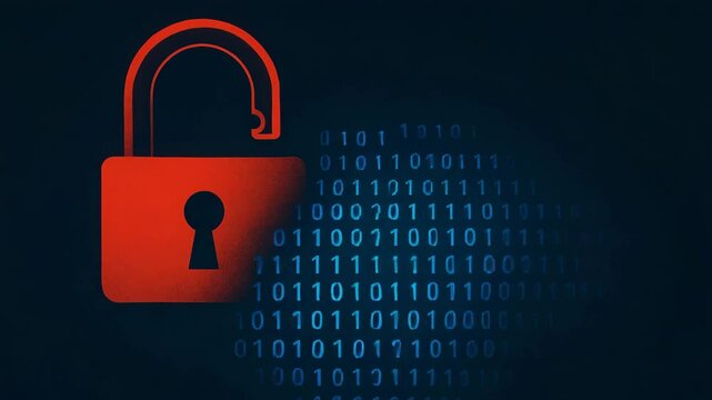 A visual representation of security and data protection, featuring an unlocked padlock against a digital background of binary code. This image symbolizes cybersecurity concerns.