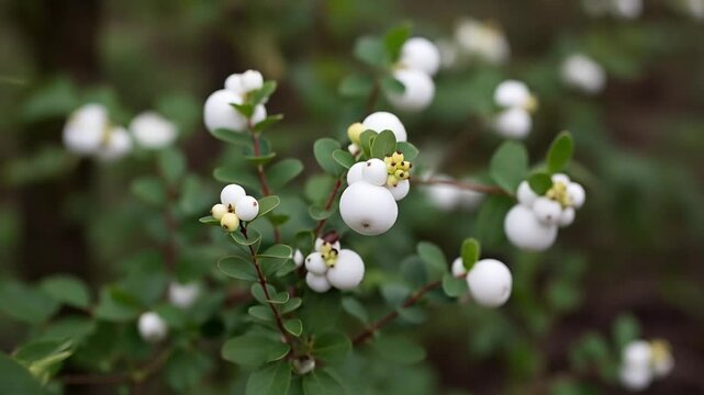Round white poisonous snowberries on bush, soft focus macro portrait with green bokeh background, concept: botany, gardening safety, natural medicine