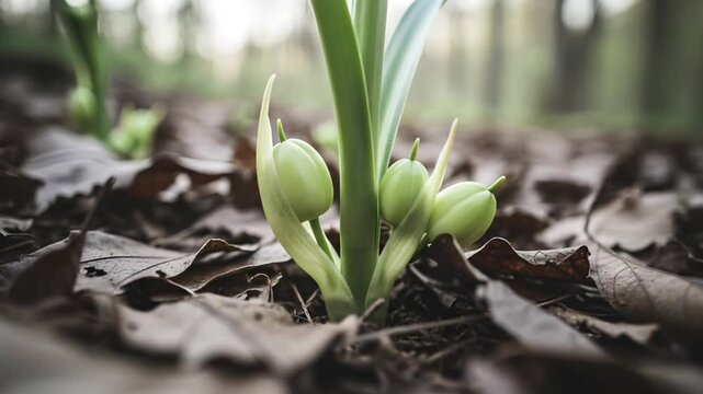 Pale green fruit of death camas lies on forest floor, macro botanical warning in natural light, concept: survival training, outdoor medicine, wild plant guide