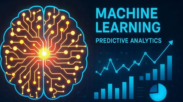 This artistic representation of machine learning showcases a brain-like network with data analytics graphs, highlighting the power of predictive analytics in modern technology.