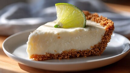 Slice of Key Lime Pie with a Lime Garnish on a White Plate