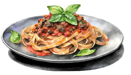 A delicious plate of pasta with a rich red sauce, meatballs, and fresh green basil leaves, presented beautifully