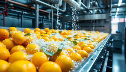 The advanced automated procedure for sanitizing and rinsing citrus fruits in a high-tech manufacturing environment, dramatic. isolated with white highlights