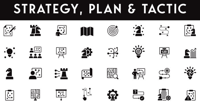 Strategy, plan & tactic Icons set vector illustration with collection of mission, execution, growth, contingency, critical thinking, training, priority, problem solving, market analysis, roadmap, idea
