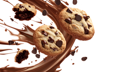 Delicious chocolate chip cookies with melted chocolate effect and falling chocolate chips on white background