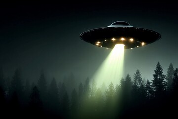 Mysterious flying saucer hovers over dark forest illuminating the night sky