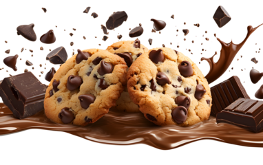 Delicious freshly baked chocolate chip cookies with dark chocolate pieces in a splash of sweet chocolate sauce