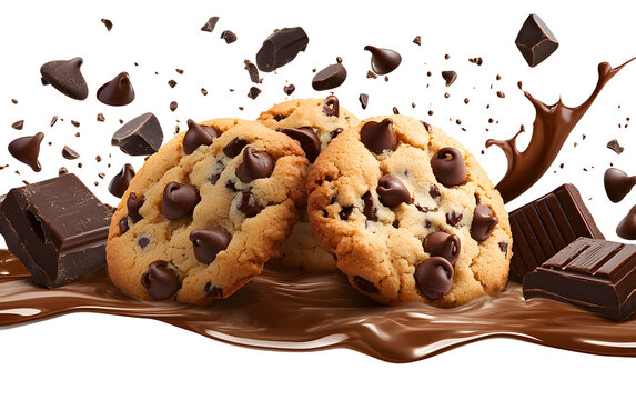 Delicious freshly baked chocolate chip cookies with dark chocolate pieces in a splash of sweet chocolate sauce - Powered by Adobe