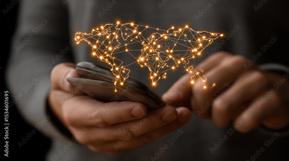 Aufkleber connecting through technology with a smartphone and a digital world map display