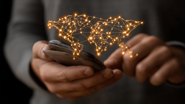 Connecting through technology with a smartphone and a digital world map display
