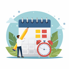 Schedule planning and time management, organize meeting and appointment, event reminder or business schedule concept, businessman holding pencil planning work schedule on calendar and alarm cloc