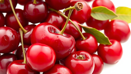 Juicy red cherry with a clean transparent backdrop.. isolated with white highlights