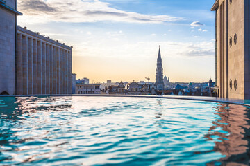 Brussels, Belgium. Scenic fountain view of Brussels cathedral and cityscape from Mont des Arts