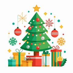 Christmas Day Vector with Tree, Gifts, Ornaments, and Snowflakes on White Background
