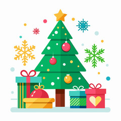 Christmas Day Vector with Tree, Gifts, Ornaments, and Snowflakes on White Background