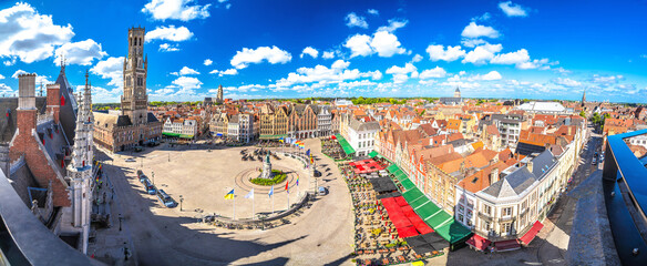 Bruges, Belgium.  Panoramic aerial  view of Market square and Brugge old town, Bruges city historical centre,