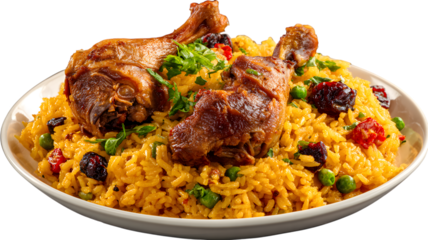 Delicious rice pilaf with roasted chicken drumsticks garnished with peas and dried fruits on a white plate