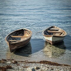 Obraz premium Two wooden boats resting by calm water