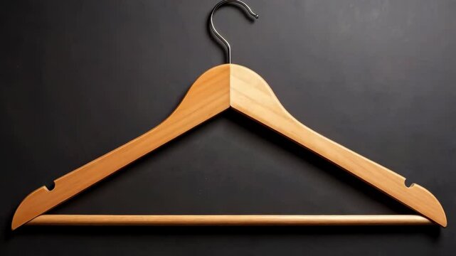 Simple wooden clothes hanger with metal hook on a dark, flat surface for garment storage and organization solutions.