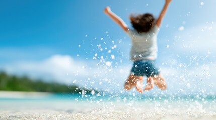 Fototapeta premium Child Jumping Joyfully on the Beach with Splash
