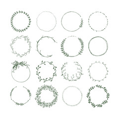 Botanical circle frame. Hand drawn round line border, leaves and flowers, wedding invitation and cards, logo design and posters template. Elegant vector illustration