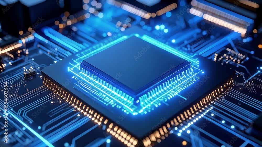Poster close-up of a glowing blue computer processor and circuit board, technology concept with modern illu