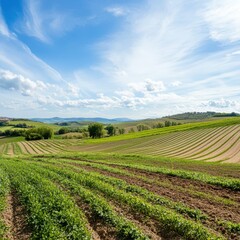Rolling green hills under blue skies