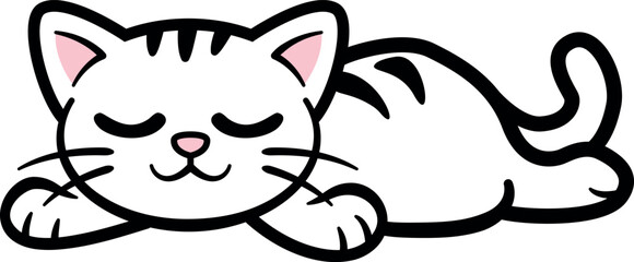 Cute cat stretches out her paws and sleeps deeply and sweetly - simple vector drawing, flat design, png