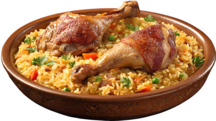 Delicious roasted chicken legs served with yellow rice and fresh herbs in a rustic brown bowl for a culinary delight