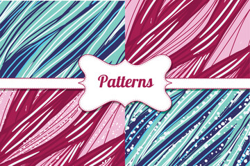Set of abstract seamless patterns with hand drawn diagonal lines and waves, spots. Blue, pink,white stripes.