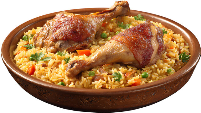 Delicious roasted chicken legs served with yellow rice and fresh herbs in a rustic brown bowl for a culinary delight - Powered by Adobe