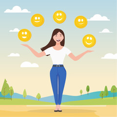 Emotional intelligence, control feeling or emotion, psychology to be success or balance of anxiety and happiness concept, cheerful woman balance on smiling face juggling expression emotional face